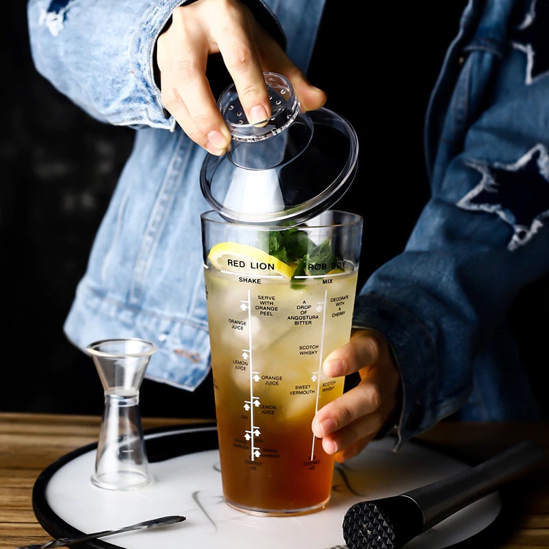 Shaker à cocktail en verre imprimé avec des recettes, shaker à